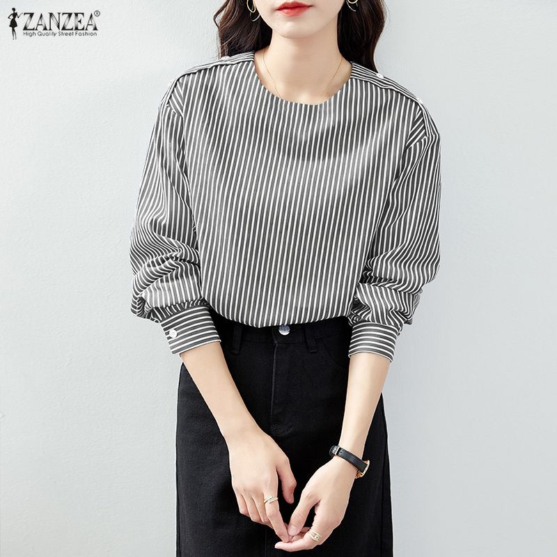 ZANZEA Women Casual Round Neck Loose Long Sleeve Stripe Blouse