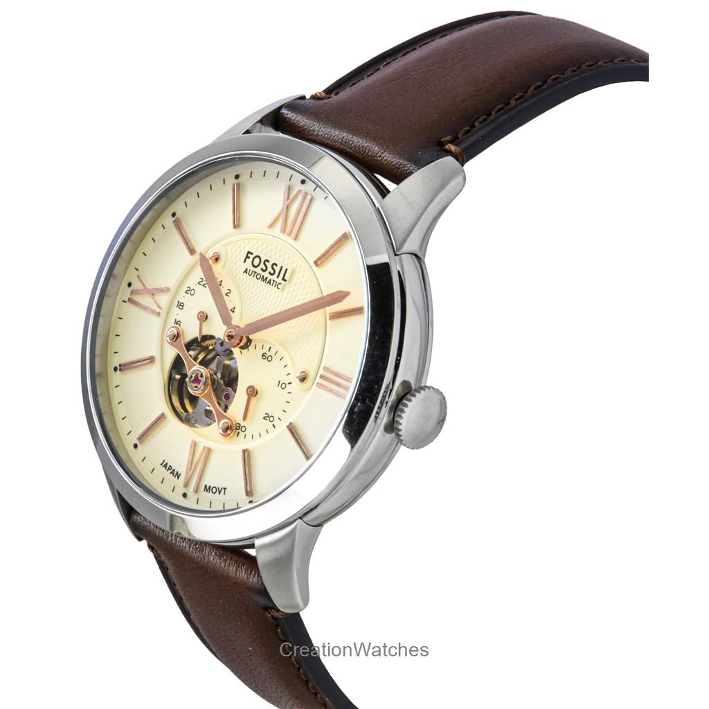 Fossil Zegarek męski Townsman ze skórzanym paskiem i otwartym sercem, kremowa tarcza, automatyczny ME3266