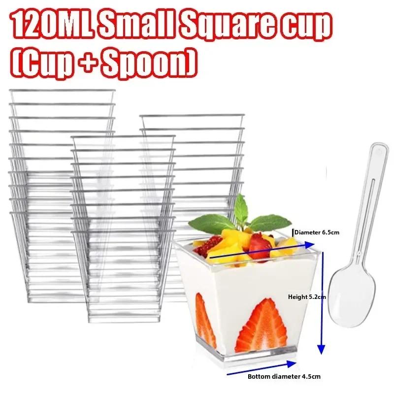 

Многоразовые квадратные пластиковые десертные стаканчики с ложками прозрачные для парфе, закусок, мини-рюмки для дегустации сладких угощений 30Sets