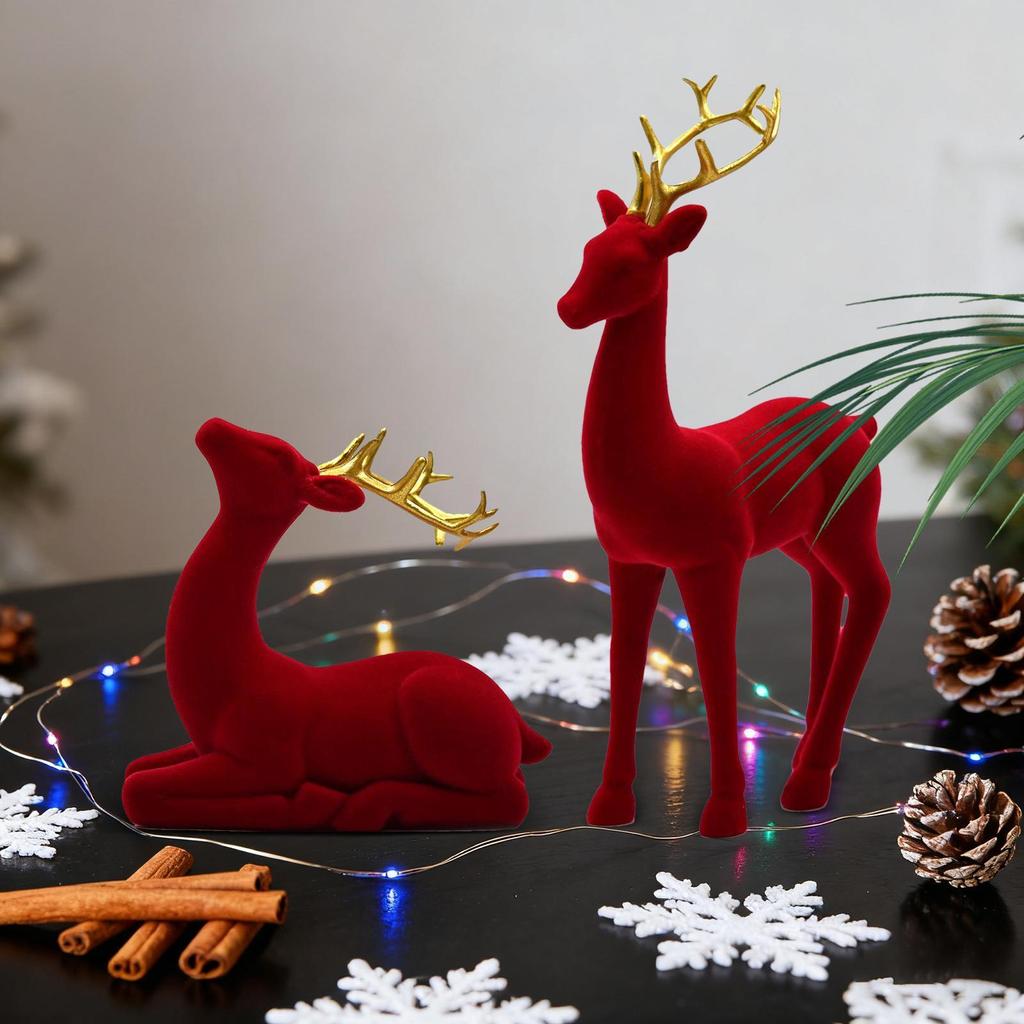 Christmas Reindeer Figurines 2Pcs Flocking Deer Statue Tabletop Decor for Living Room Home Office Holiday Party Christmas Decor