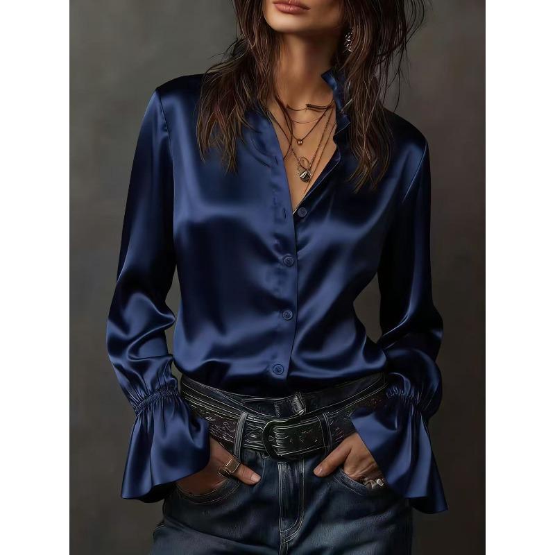 BITCED Women's Fashion Casual Solid Color Print Long Sleeve O-Neck Blouses & Shirts International Design