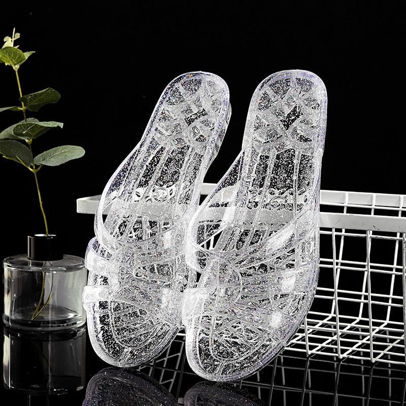 Women's Transparent Low Heel Crystal Slippers - Freeze Resistant, Korean Style for Indoor Summer Use