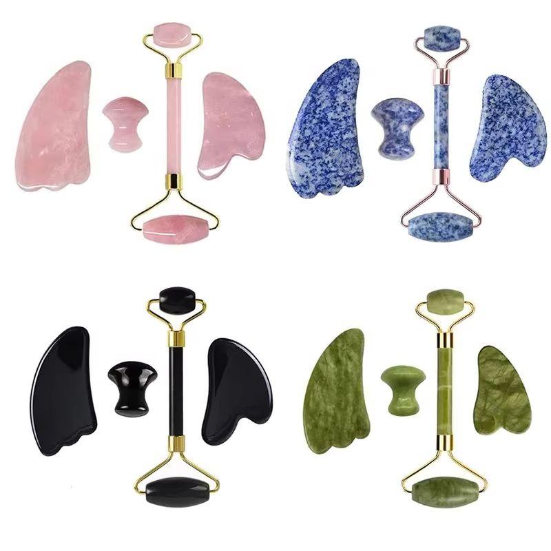 2/3/4 Stück Natürlicher Rosenquarz Obsidian Jade Roller Gua Sha Stein Set Gouache Schaber Gesichtsstraffung Anti-Falten Hautpflege Werkzeuge