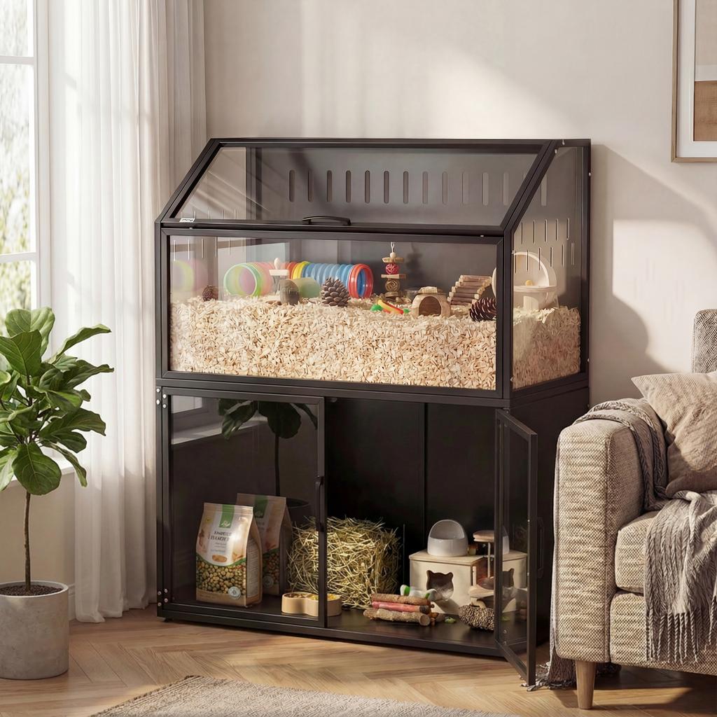 Hamsterkäfig 2-in-1 mit Aufbewahrungsschrank für Nagetiere Syrische Hamster und Mäuse Stahl und Acryl Schwarz