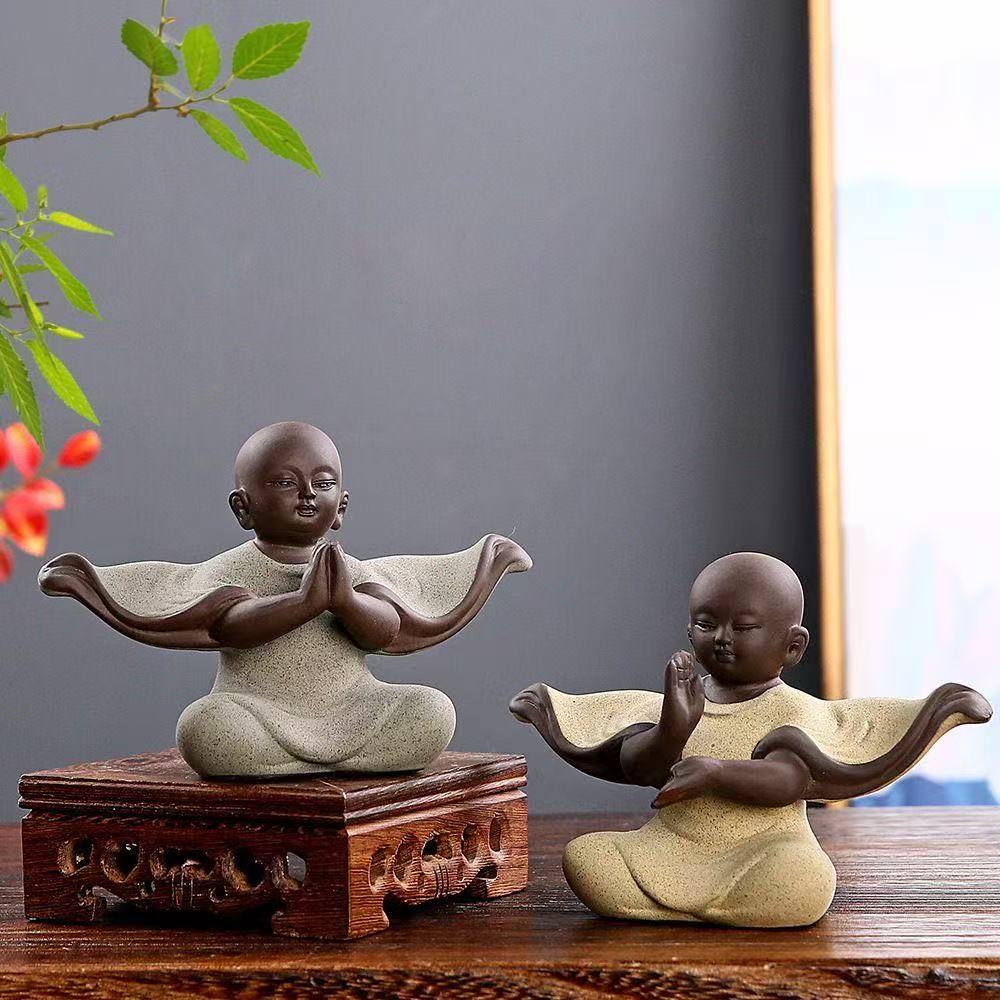 Ceramic Monk Figurine Zen Buddhist Decor Happy Buddha Meditation Monk Figurine for Yoga Room Feng Shui Laughing Buddha forOffice