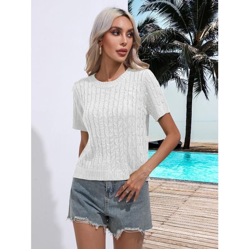 JPNTKY Women's Fashion Casual Solid Color Print Short Sleeve O-Neck  Blouses & Shirts