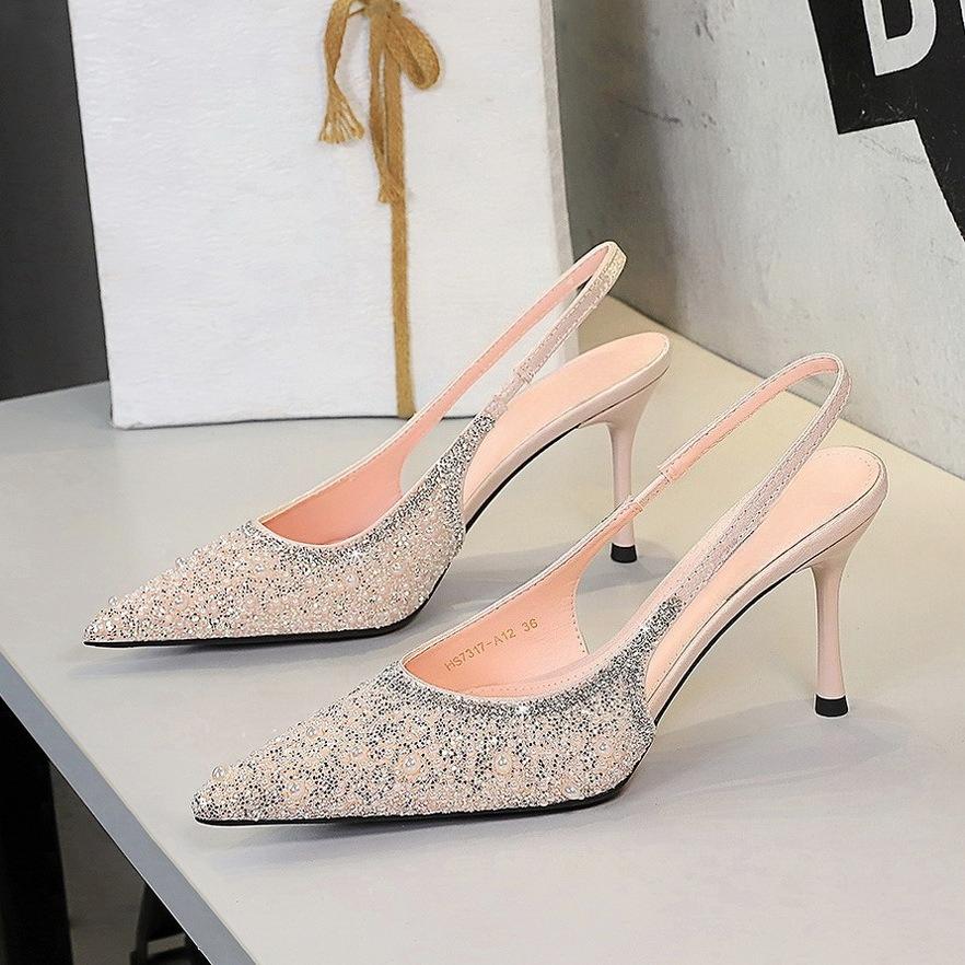 Shiny Sequin Pearl Wedding Women Pumps Luxury  Evening Party Slingbacks Slip on Sexy Pointed Toe High Heeled Female Shoes