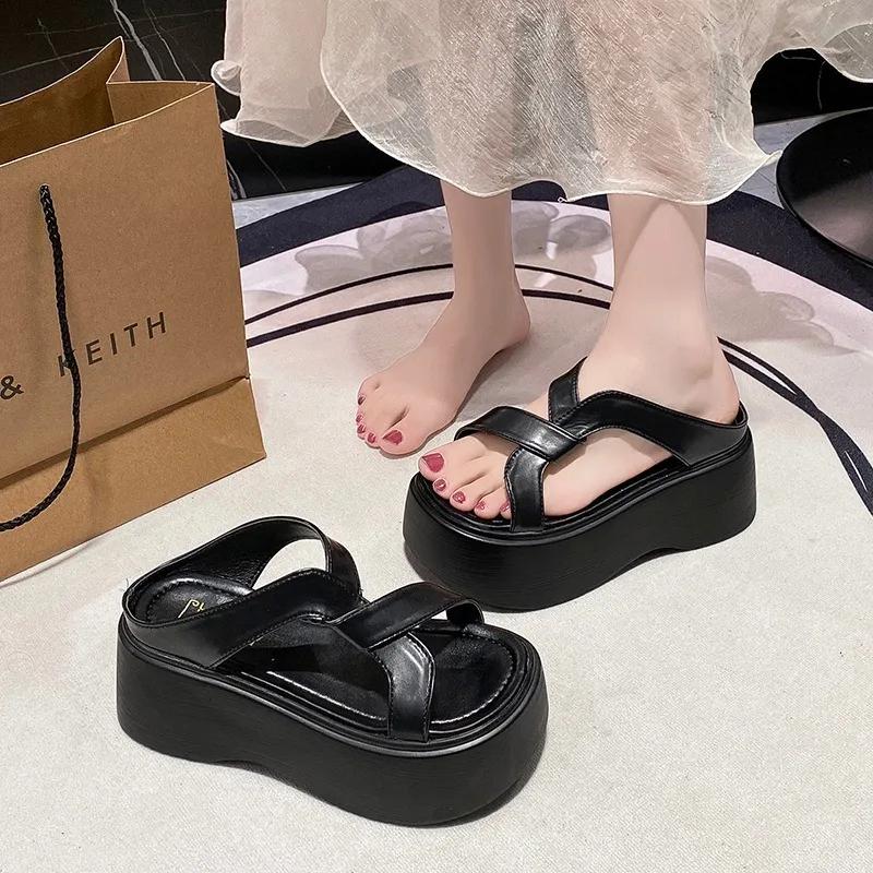 Summer Women Slippers Beach Flip-Flops Ladies Chunky Leather Shoes Wedge Heels Outside Sandals Woman High Platform Slippers 8CM