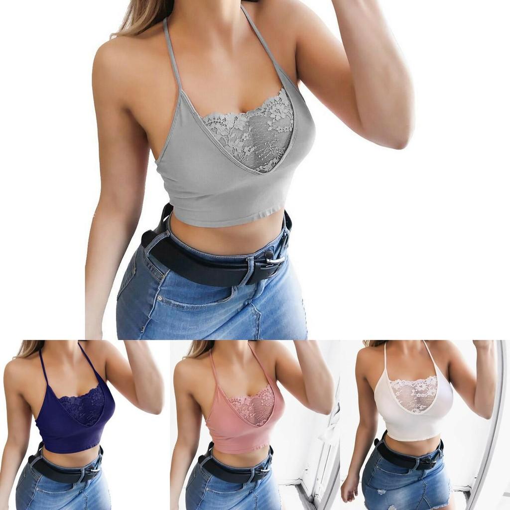 Elegant Womens Sexy Spaghetti Strap Cross Back Lace Crop Top For Clubwear