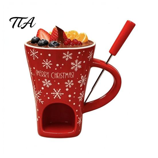 Holiday Themed Snack Server Christmas Chocolate Fondue Mug with Tea Light Warmer & Forks, 155ml Ceramic Melting Tabletop Pot for Cheese Caramel, Party