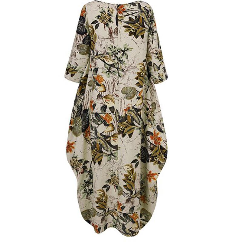 New Large-size Women's Clothing Cotton and Linen Printed National Style Retro Pullover Loose Round Neck Japanese and Korean Dress