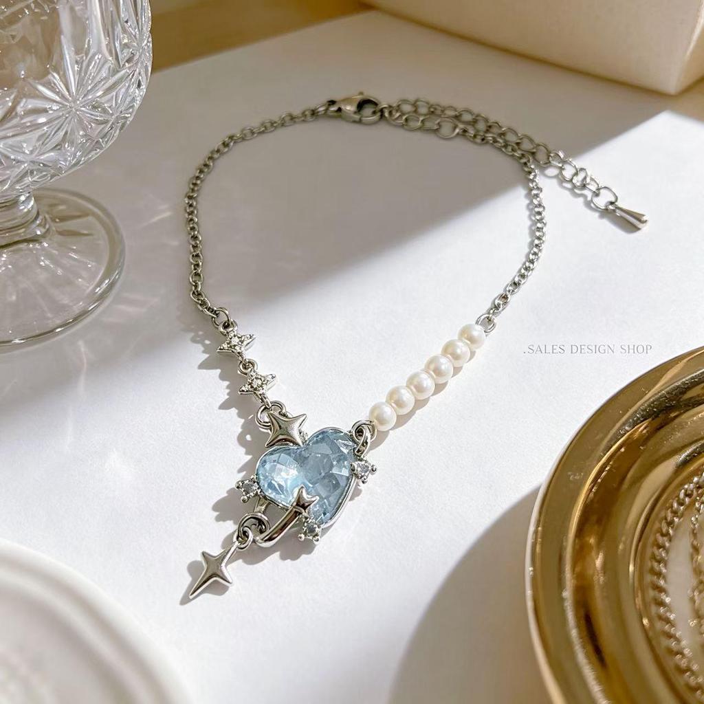 Exquisite French Ice Blue Star Crystal Heart Bracelet & Necklace Set for Women