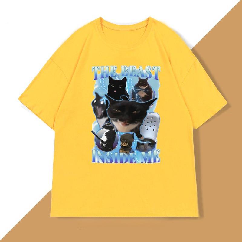 The Beast Inside Me 90s Vintage Funny Cat Meme T Shirt WOMEN Unisex Cats Lover TShirt Goofy Cats Cotton Short Sleeve WOMEN Tops