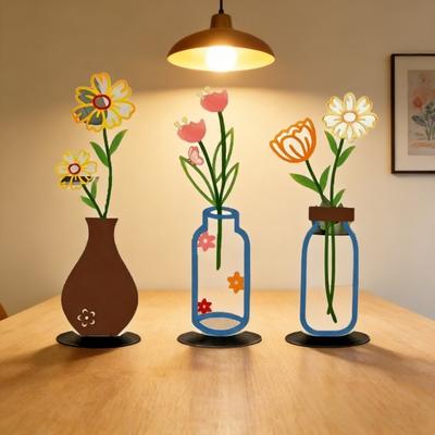 Metal Flower Art with Vase Minimalist 2D Iron Floral Table Ornament for Living Room Bedroom Kitchen Home Office Farmhouse Decor Housewarming Gifts