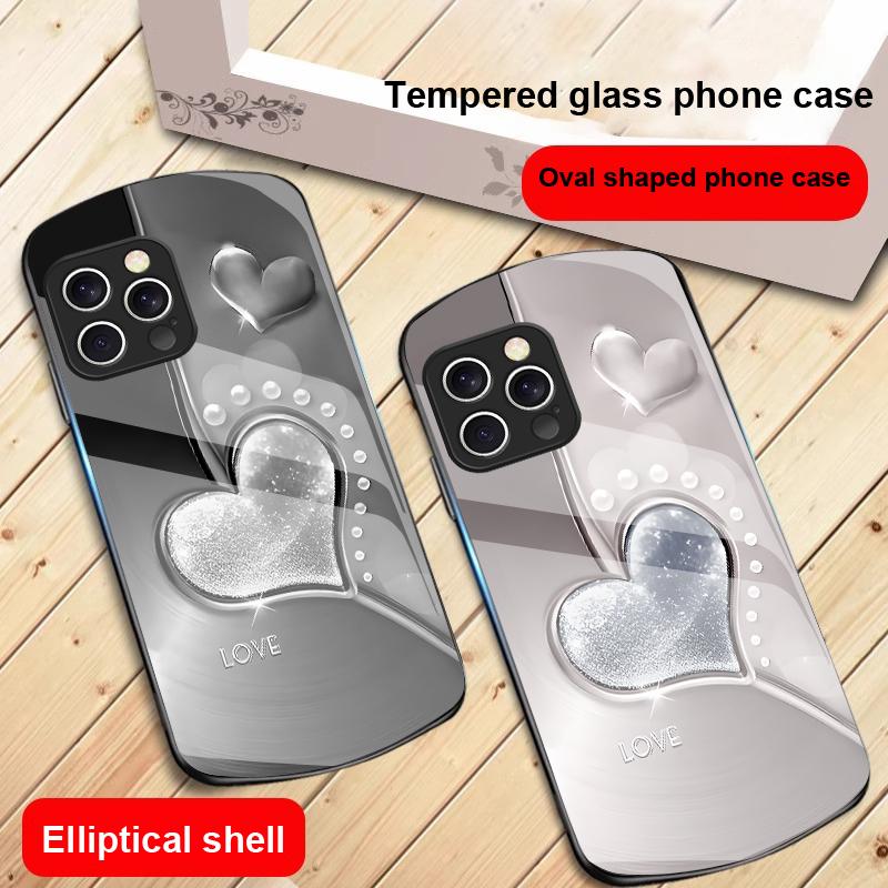 Gradient Love Silver For IPhone 16 Pro Max 15 Pro 14 13 12 Mini 11 XS Max XR 7 8 Plu SE 2022 Elliptical Glass Phone Case