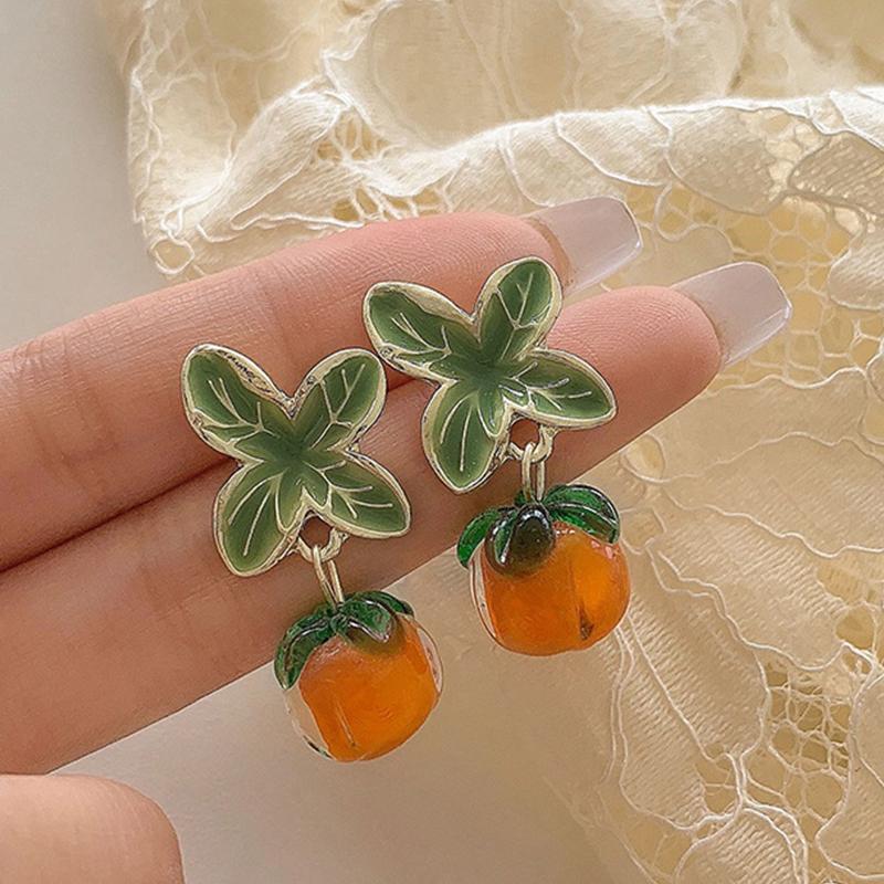 Creative Persimmon Orange Color Flower Leaf Stud Earrings For Women Painting Oil Glazed Glass Earrings Jewelry Accessories