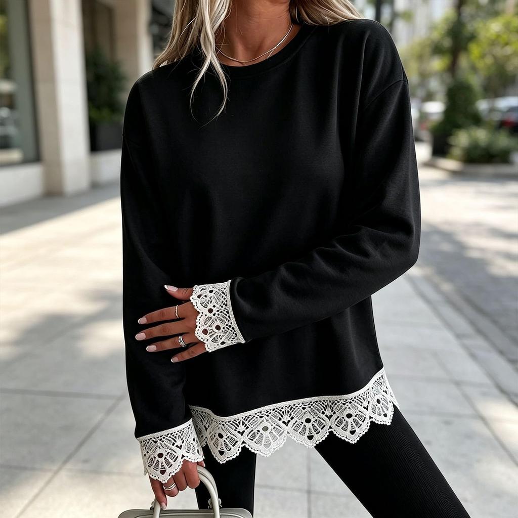 Damen Freizeit-Sweatshirt mit muschelförmigem Wellensaum und Spitzenkragen