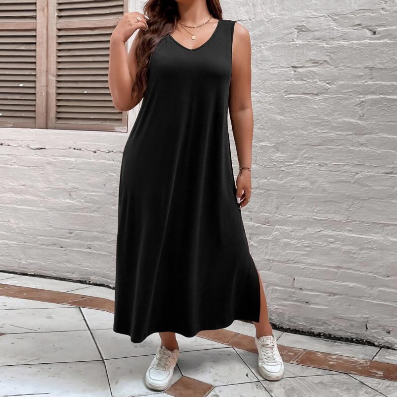 Summer Casual Sleeveless Side Split Dresses for Female Solid Color Dress Women's Square Neck Dress High Waist Black Dress Commuter Fashion Dress