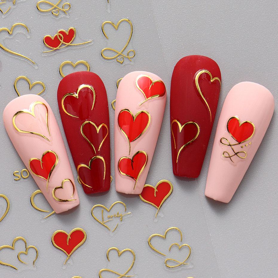 Heart Nail Decals 3D Red Pink Golden Love Design Nail Stickers Adhesive Valentine Sweet Nail Manicure Slider