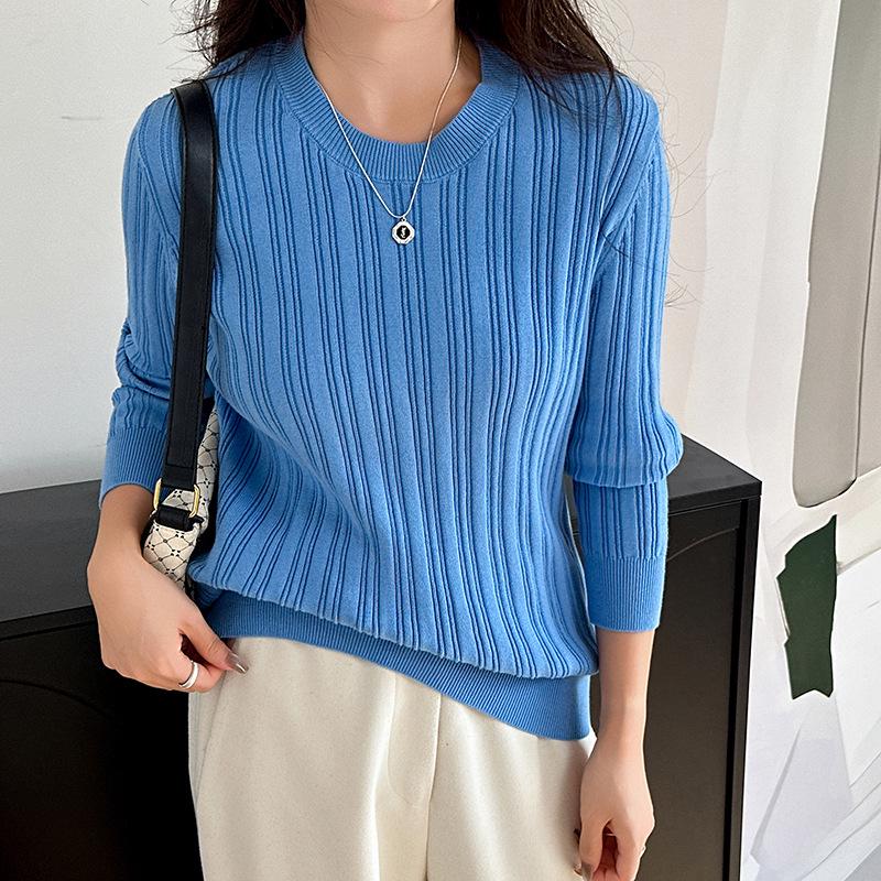 

Autumn & Winter Women s Striped Cotton Knitwear Pullover, Korean Round Neck, Solid Color Top L небесно-голубой