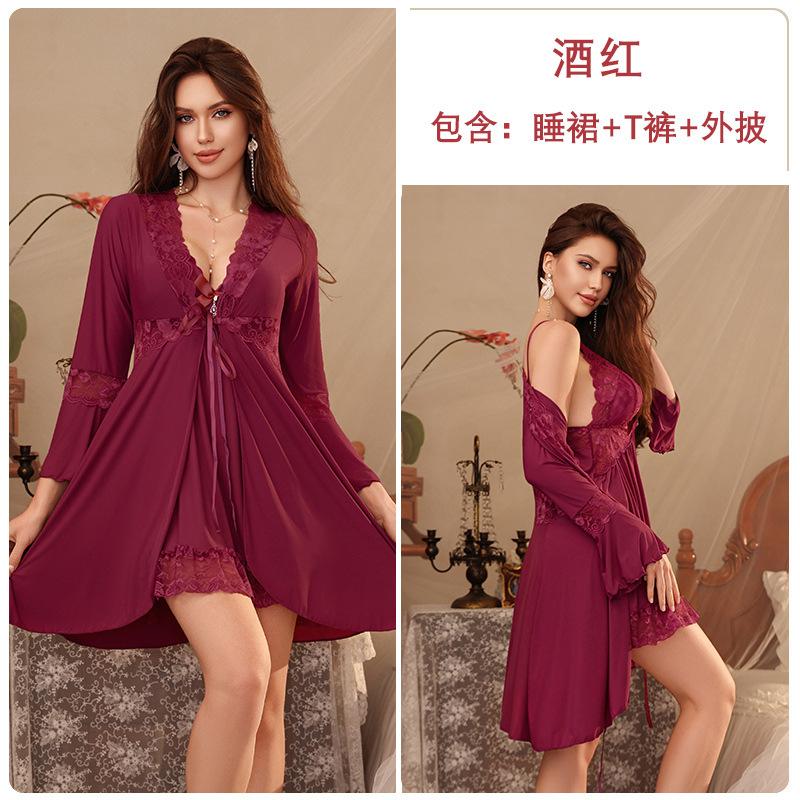 Spring and summer pajamas women with chest pads, suspenders, pajamas, pure desire wind long-sleeved pajamas, three-piece loungewear