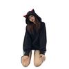 Women's Black Mid-Length Plus Velvet Hooded Sweatshirt: Loose Lazy Style, Thickened for 2025 Autumn/Winter.