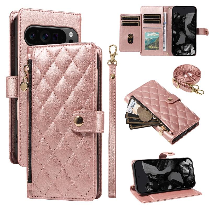 Long Lanyard Leather Zipper Flip Purse Phone Case For Google Pixel 10 Pro XL 9 9A 8 8A 7A 7 6A Wrist Strap Wallet Card Cover Bag