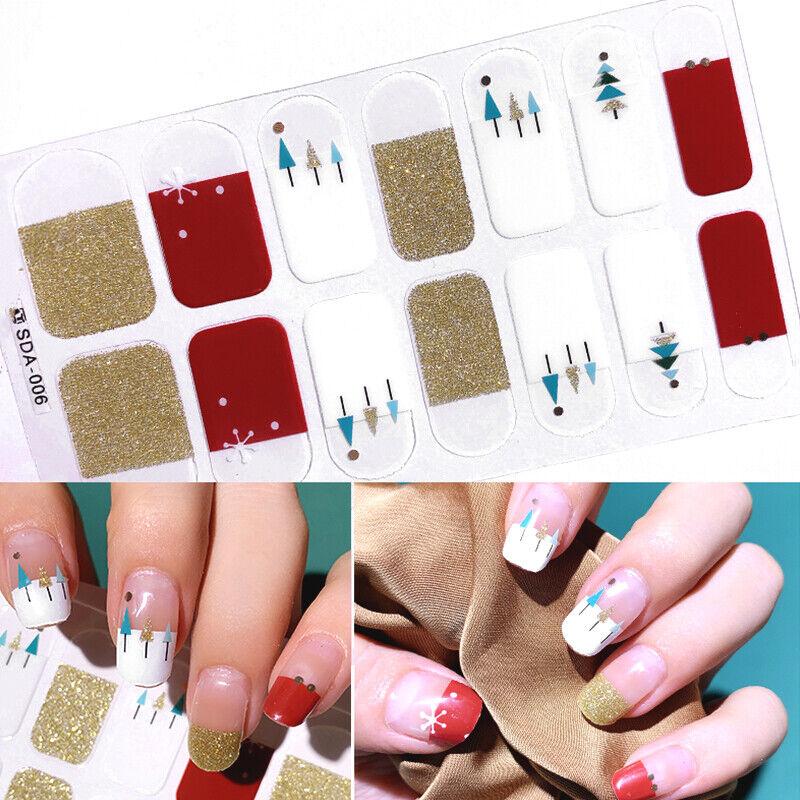 

14 насадок, Рождественские полуотверждаемые УФ-гелевые наклейки для дизайна ногтей, однотонные гелевые полоски для ногтей 03