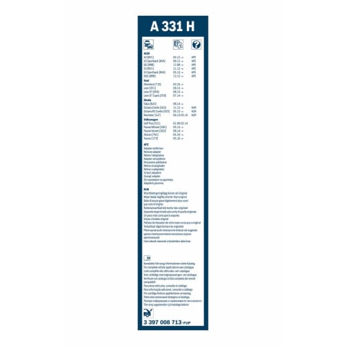 BOSCH Imported Car Flat Wiper Blade Aero Twin Rear 330mm A331H