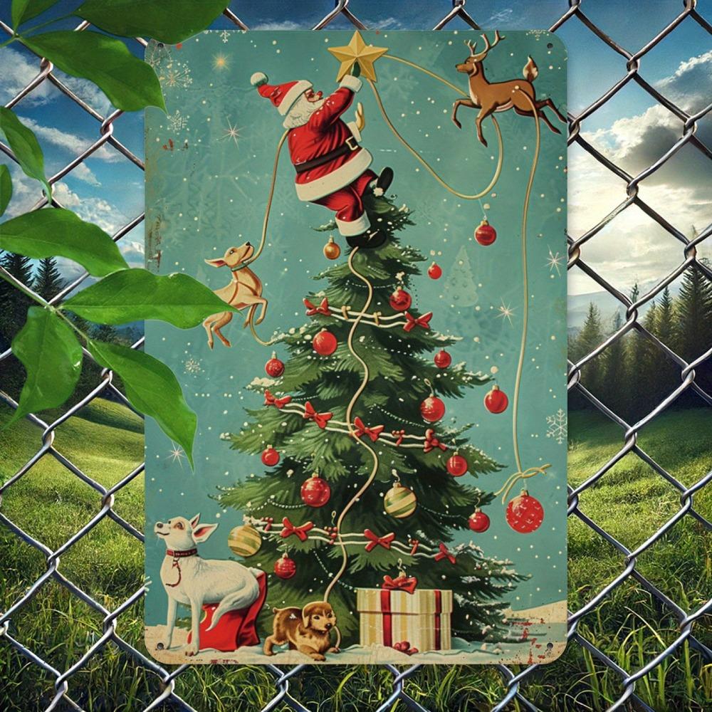 2D Flat Vintage Naughty Santa On Tree Metal Sign - Durable Iron Wall Art, Festive Christmas Decor for Home Office Cafe Garden