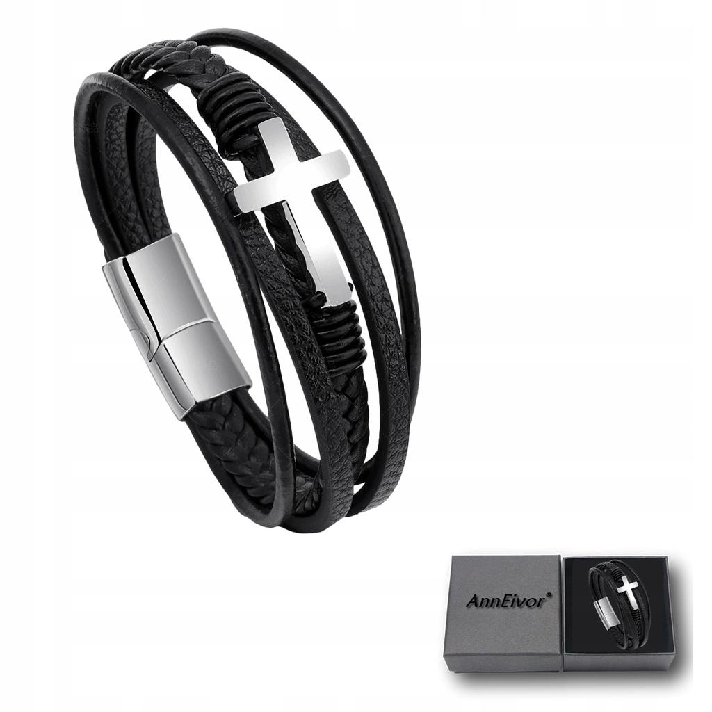 Men's Black Leather Bracelet Braided Silver Cross Surgical Steel