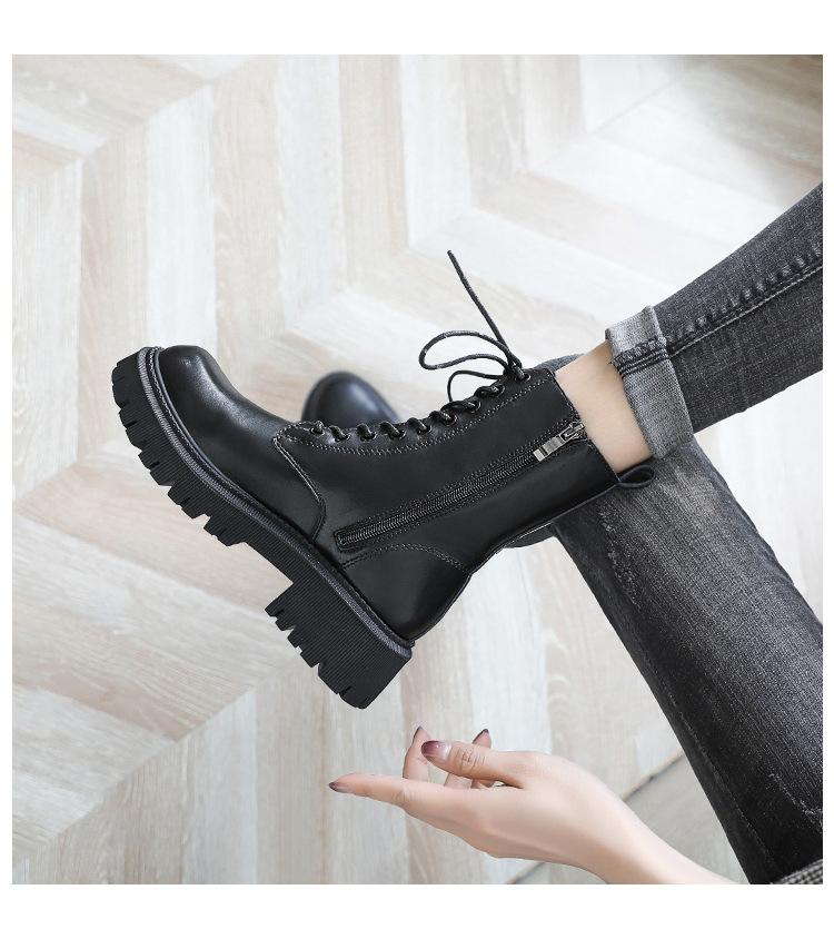 

2025 autumn and winter new Korean version of fashion Martin boots casual low boots lace-up thin leather boots British style women s shoes 35 чёрный