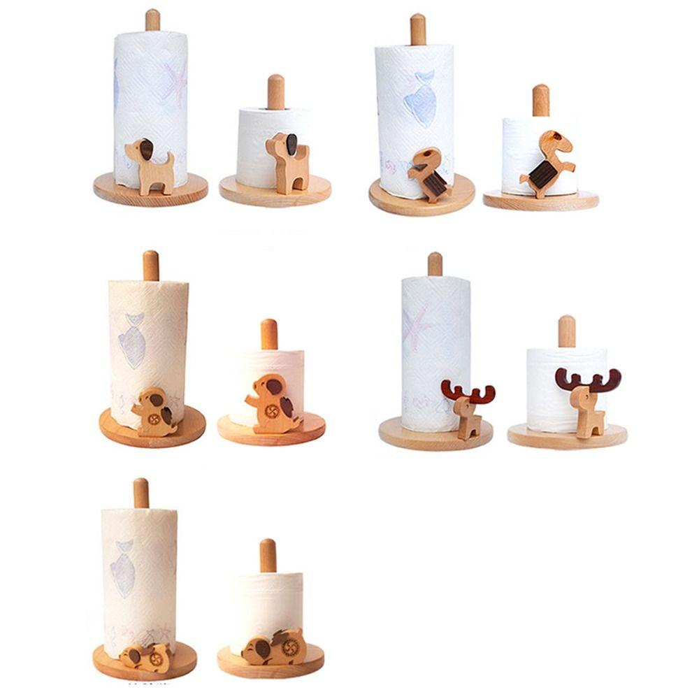 Solid Wood Cartoon Paper Towel Rack Durable Anti-Skid Creative Kitchen Tissue Holder Rotate Cute Animal Wooden Paper Roll Stand