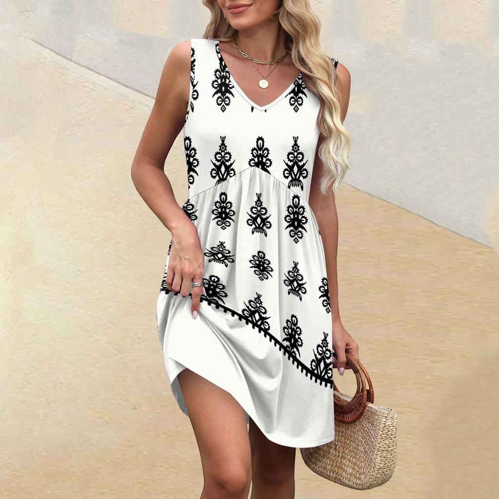 Women's Summer V-neck Casual Beach Vacation Style Vintage Print Sleeveless Splicing Dresses