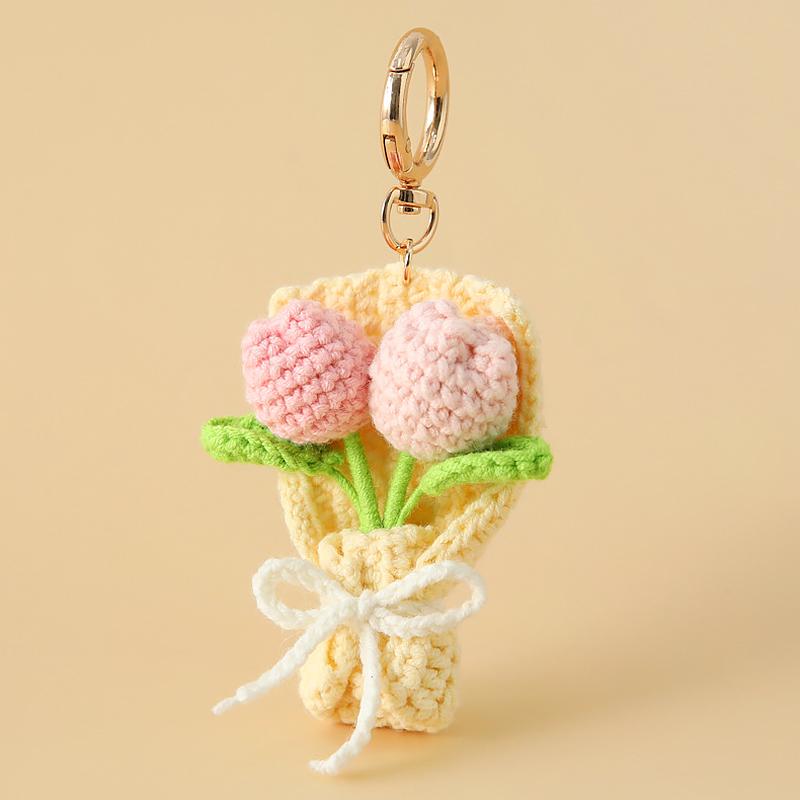 Crocheted Bouquet Bag Pendant Handmade Key Rings Holders Gift Accessories Simulated Tulip Ornament Keychain Decorative 5 Colors