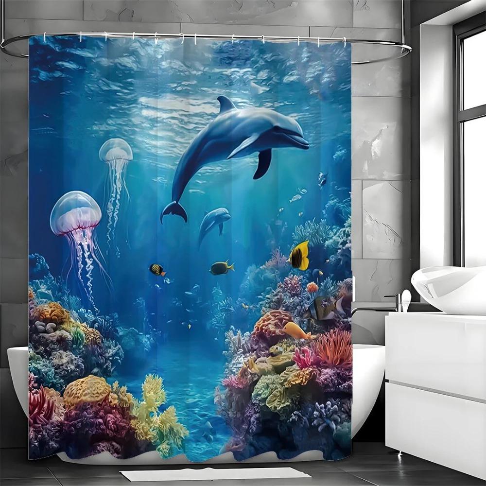 

Подводный мир Океан Дельфин Медуза Занавеска для душа, Декоративная занавеска для душа для ванной комнаты, Водонепроницаемая занавеска для душа с крючками W90xH180cm