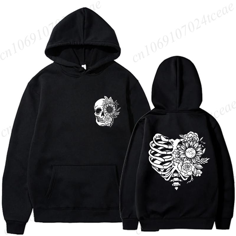 Fashionable Floral Rib Cage Print Daily Women Hoodies Loose Classic Style Long Sleeve Streetwear Skeleton Black Sweatshirts Tops