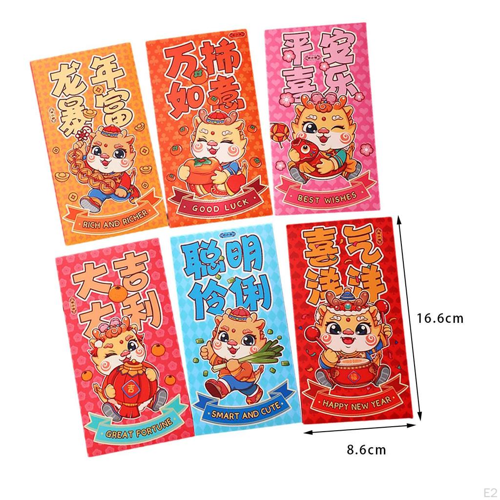6Pcs Chinese Lunar Year Red Envelopes Lucky Money Gifts Present Best Wishes Dragon Hong Bao