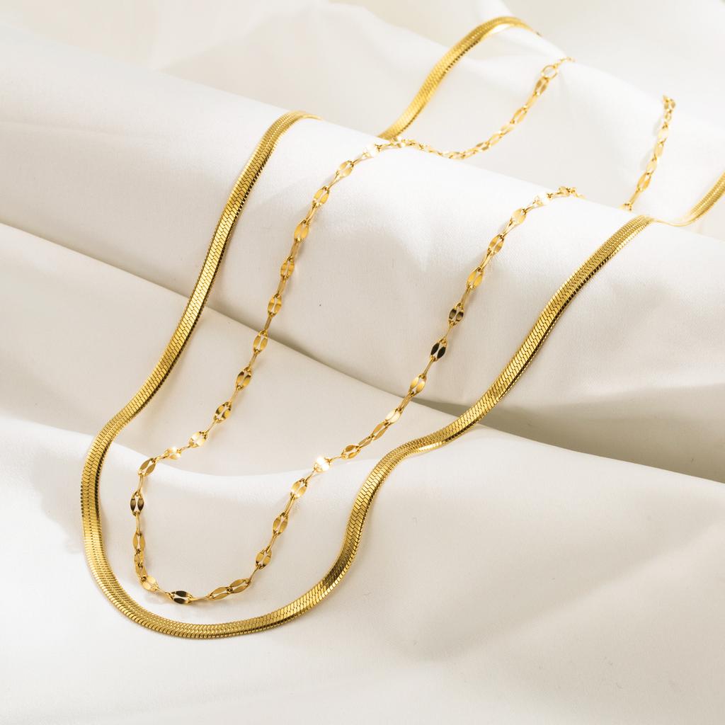 Women Ins Fashion Layered Stainless Steel Choker Color Retaining Simple Flat Snake Chain Double Layer Necklace For Women