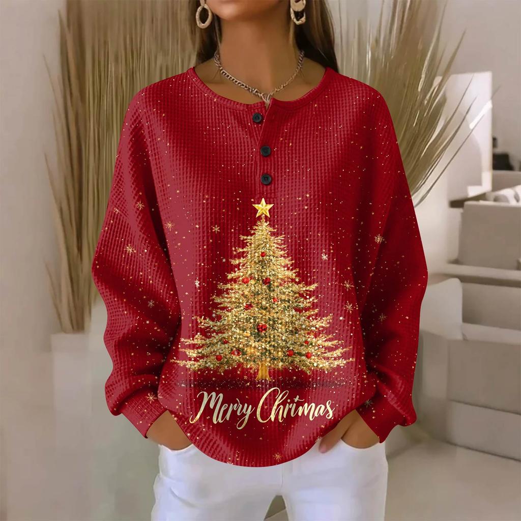 Camicia da donna alla moda casual con stampa natalizia, scollo a V, maniche lunghe e abbottonatura.