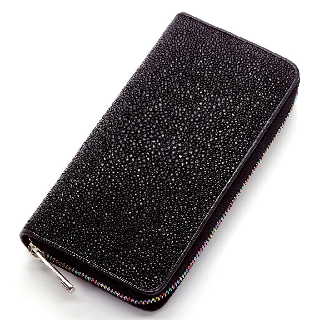 [Revetta] Stingray Leather Long Wallet, Black, Round Zipper, Genuine Leather, 21 Card Slots, Large Capacity, Caviar Finish [225stw]