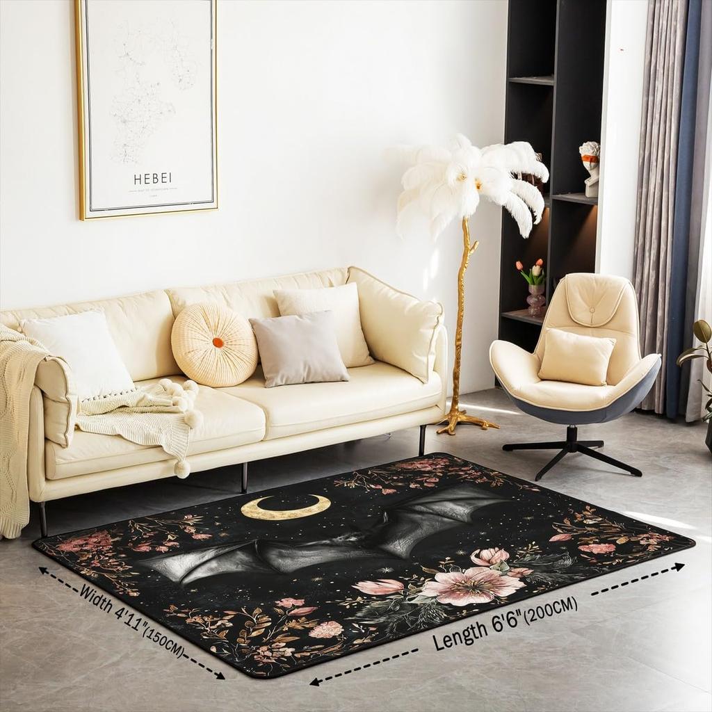 Cute Black Bat Large Area Rug 5x7, Floral Plant Leaves Living Room Rug, Starry Sky Moon Galaxy Rugs for Bedroom Boho Exotic European Style C