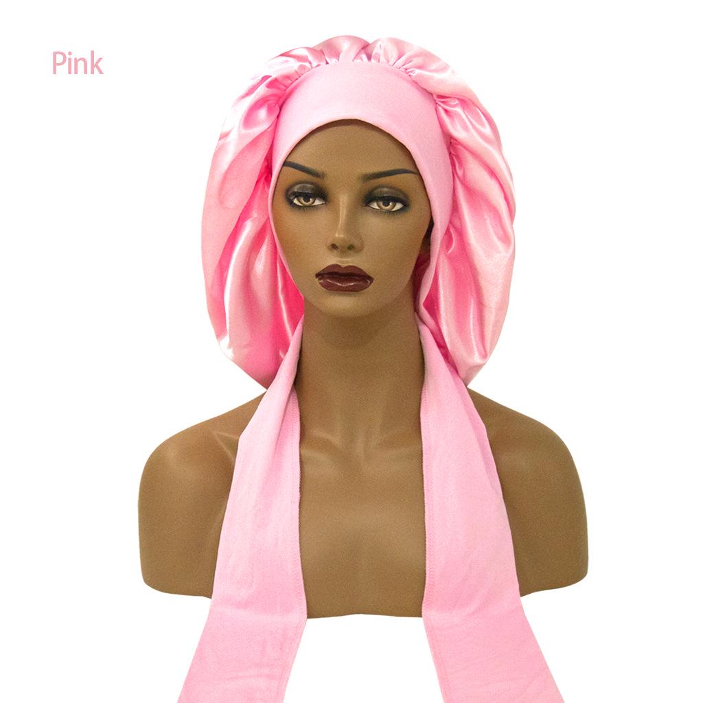 Satin Nightcap with Wide Elastic and Long Tail - Extra Large Women's Ribbon Shower Hat