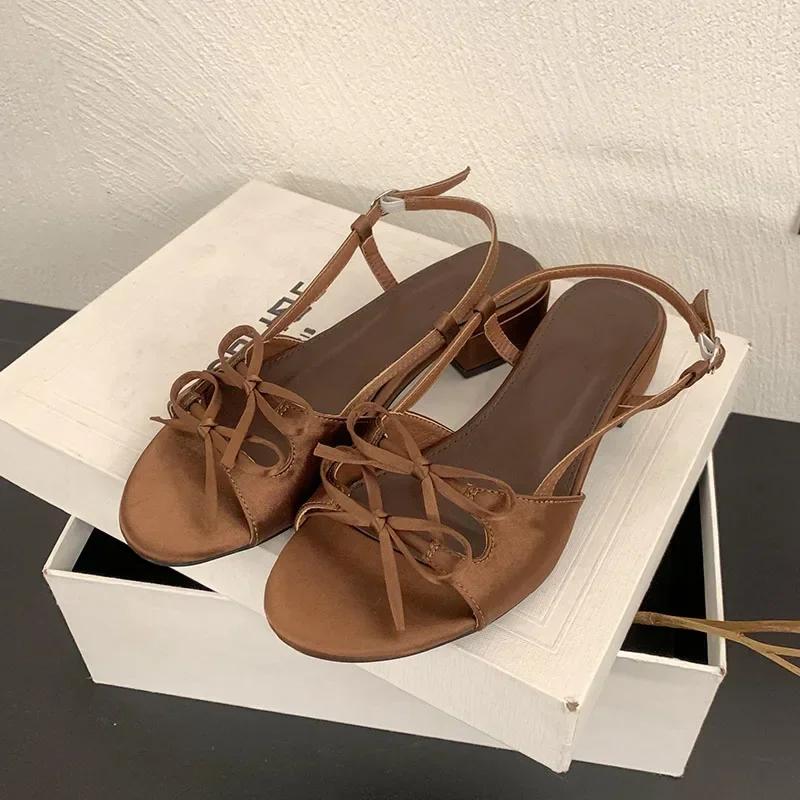 

Fashion Fashion Bowknot Shallow Low Heel Sandals Women Summer Sexy Open Toe Back Strap Buckle Designer Shoes Elegant Banquet Dress Shoes 39 коричневый