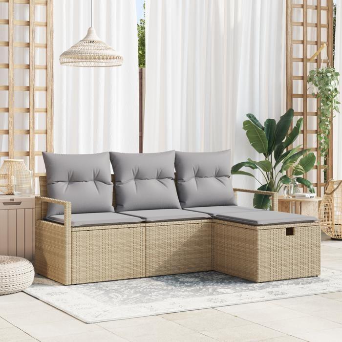 VidaXL Ensemble de Canapés de Jardin 4 Pièces avec Coussins Beige Rotin Poly 3360481