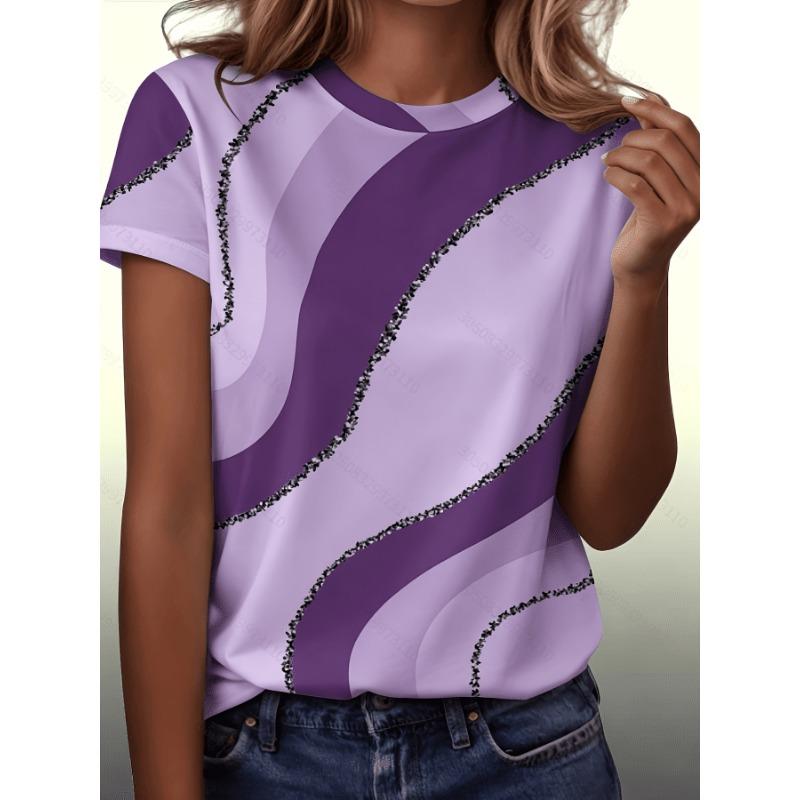 

Women s short-sleeved top with silver glitter soft wave light pattern print, simple and exquisite daily wear item 8XL