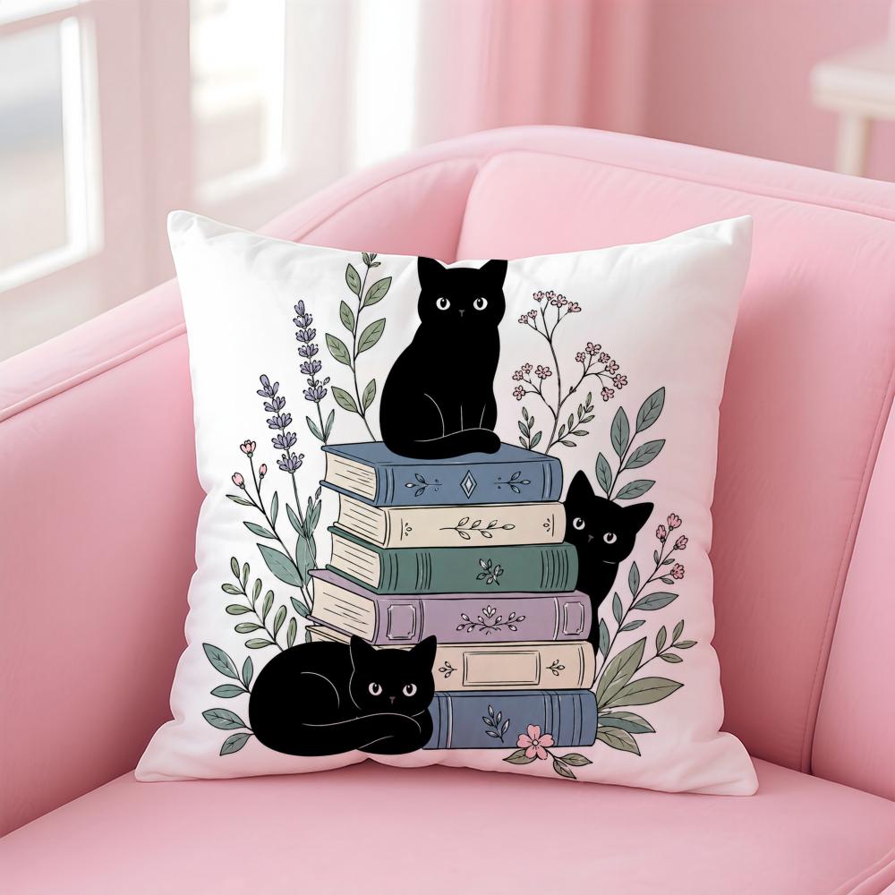 Black Cats With Books Cushion Cover Short Plush Soft DoubleSided Printing Pillow Case Cozy Sofa Bedroom Home Decor Gift
