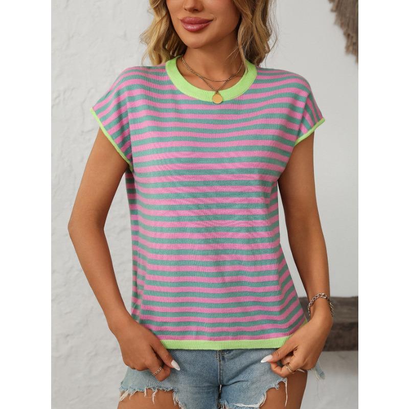 Top in maglia girocollo estivo da donna, maglione casual a righe contrastanti