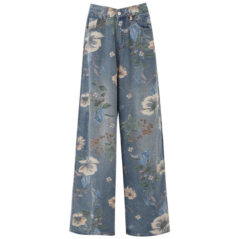 Printed Denim Jeans, Loose Fit, Versatile Wide-leg Pants