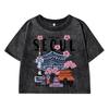 Seoul Beautiful Scenery Printing Female Washed Short T Shirts Breathable T-Shirt Street Clothes Distress Tshirts
